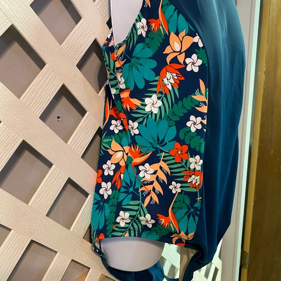 Denim & Co. Beach H-Back Halter Print Blocked One Piece Swimsuit Mallard Blue - Picture 4 of 7